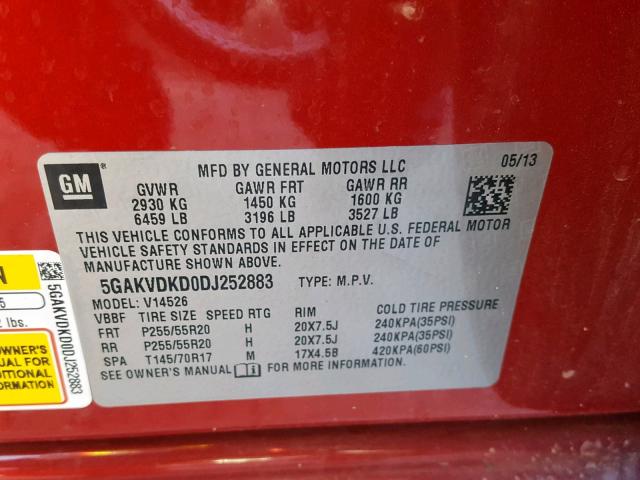 5GAKVDKD0DJ252883 - 2013 BUICK ENCLAVE RED photo 10