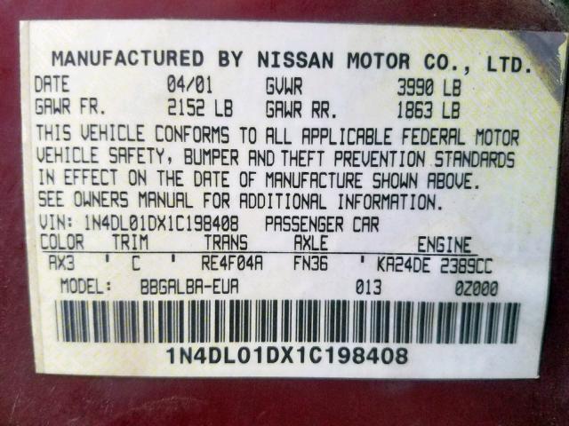 1N4DL01DX1C198408 - 2001 NISSAN ALTIMA XE RED photo 10