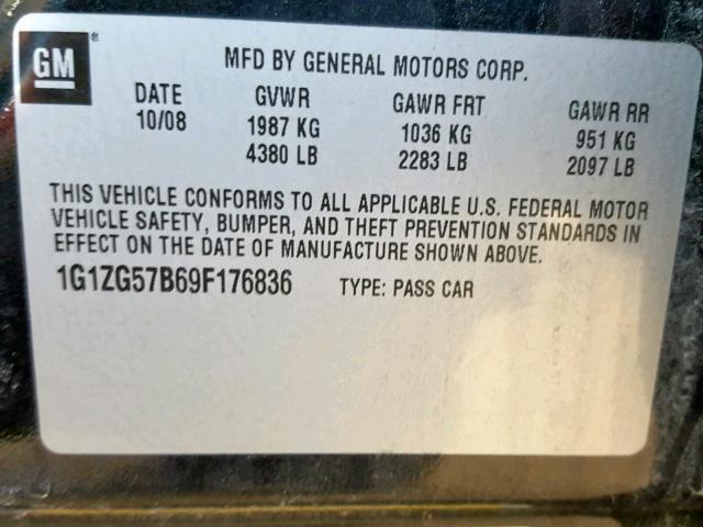 1G1ZG57B69F176836 - 2009 CHEVROLET MALIBU LS 黑色 照片 10