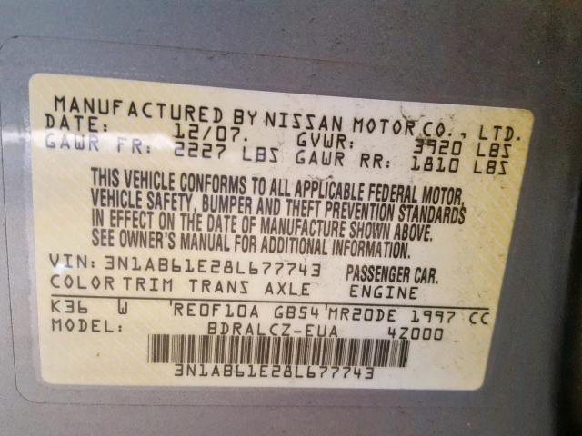 3N1AB61E28L677743 - 2008 NISSAN SENTRA 2.0 GRAY photo 10