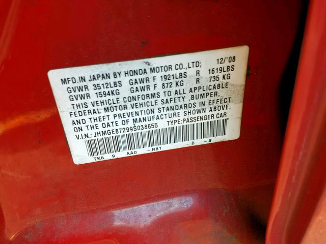 JHMGE87299S038655 - 2009 HONDA FIT RED photo 10