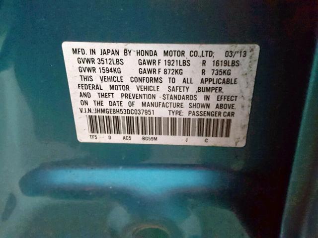 JHMGE8H53DC037951 - 2013 HONDA FIT SPORT BLUE photo 10