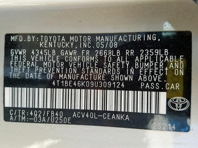 4T1BE46K09U309124 - 2009 TOYOTA CAMRY BASE GOLD photo 10