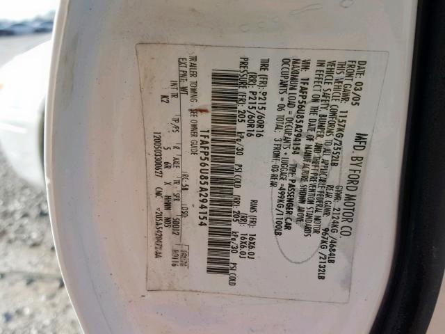 1FAFP56U85A294154 - 2005 FORD TAURUS SEL WHITE photo 10