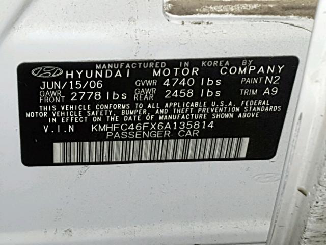 KMHFC46FX6A135814 - 2006 HYUNDAI AZERA SE WHITE photo 10