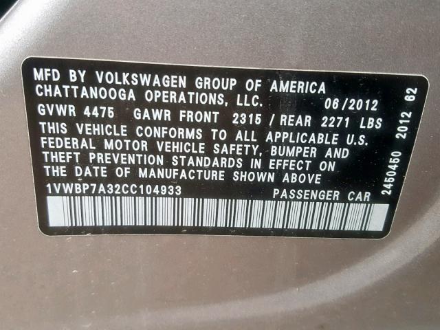 1VWBP7A32CC104933 - 2012 VOLKSWAGEN PASSAT SE GRAY photo 10