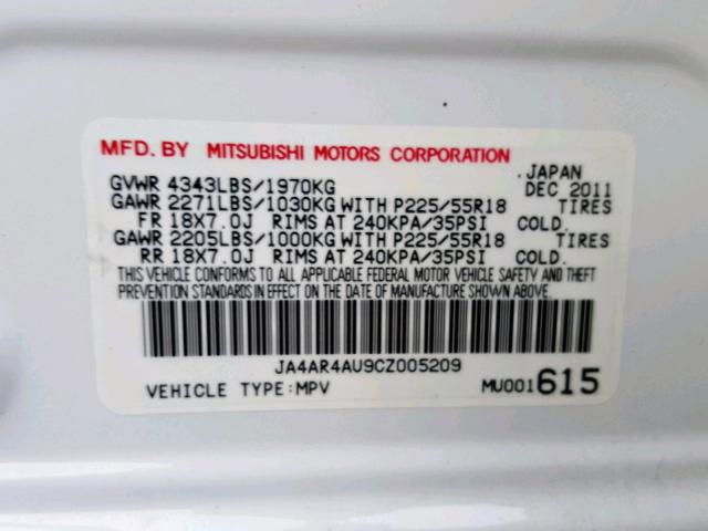 JA4AR4AU9CZ005209 - 2012 MITSUBISHI OUTLANDER WHITE photo 10