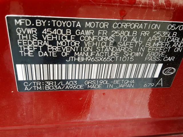 JTHBH96SX65011015 - 2006 LEXUS GS GENERAT RED photo 10