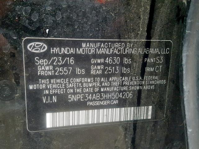 5NPE34AB3HH504206 - 2017 HYUNDAI SONATA SPO BLACK photo 10