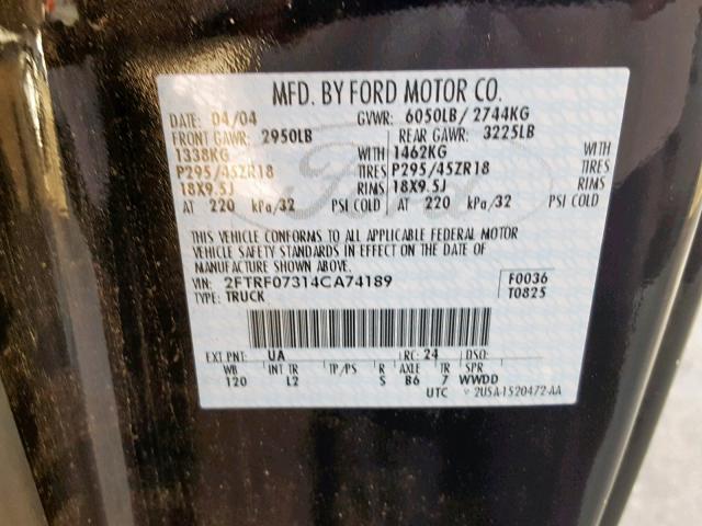 2FTRF07314CA74189 - 2004 FORD F150 SVT L BLACK photo 10