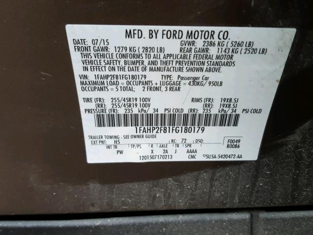 1FAHP2F81FG180179 - 2015 FORD TAURUS LIM BROWN photo 10