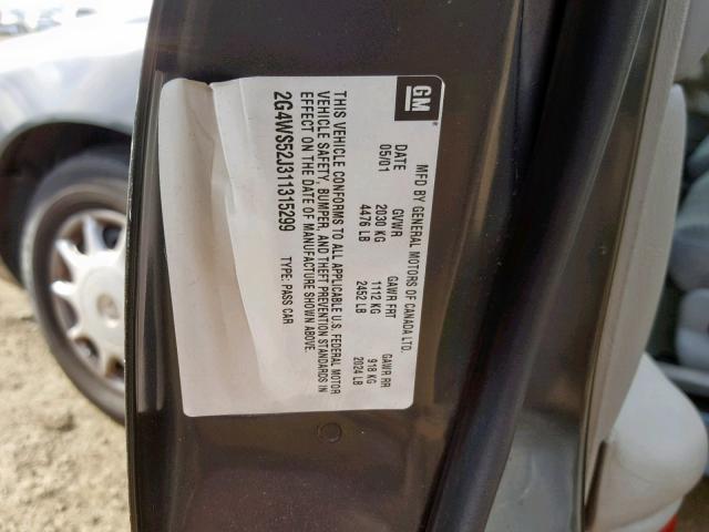 2G4WS52J311315299 - 2001 BUICK CENTURY CU CHARCOAL photo 10