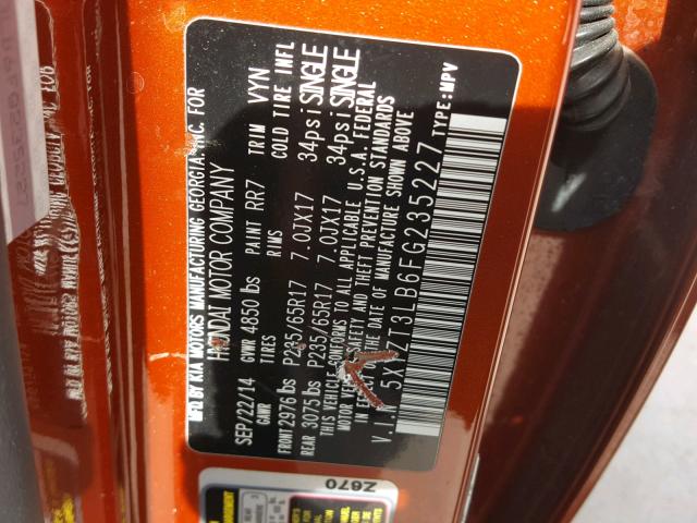 5XYZT3LB6FG235227 - 2015 HYUNDAI SANTA FE S ORANGE photo 10