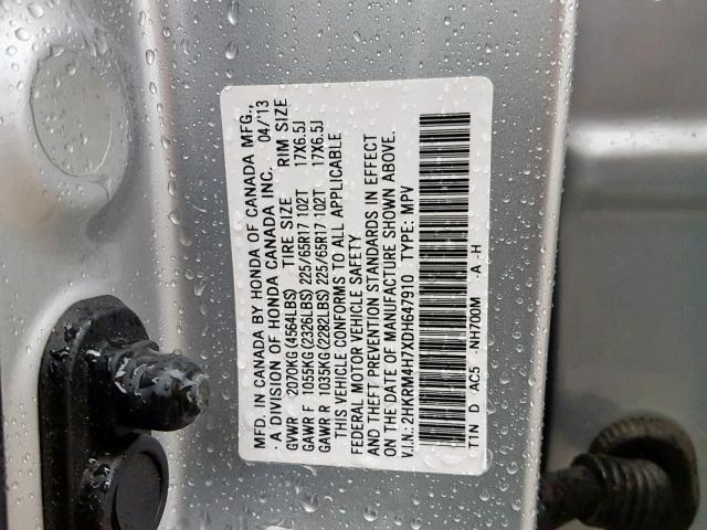 2HKRM4H7XDH647910 - 2013 HONDA CR-V EXL SILVER photo 10