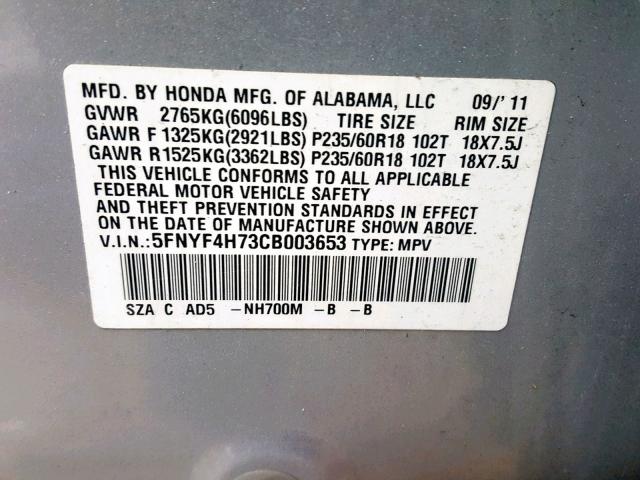 5FNYF4H73CB003653 - 2012 HONDA PILOT EXLN SILVER photo 10