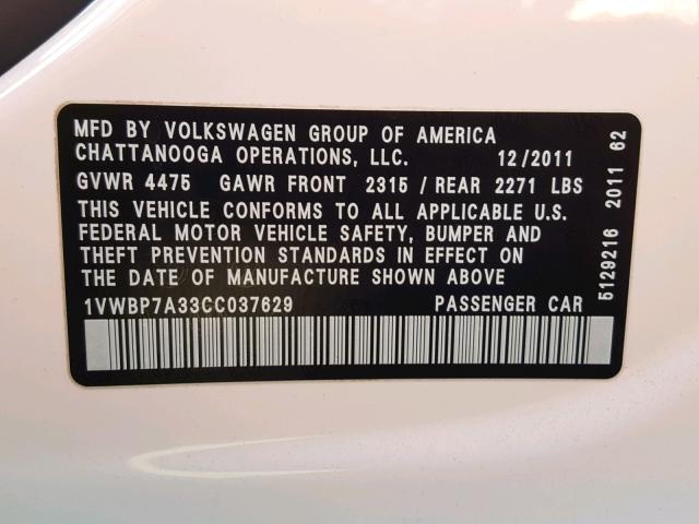 1VWBP7A33CC037629 - 2012 VOLKSWAGEN PASSAT SE WHITE photo 10