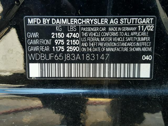 WDBUF65J83A183147 - 2003 MERCEDES-BENZ E 320 BLACK photo 10