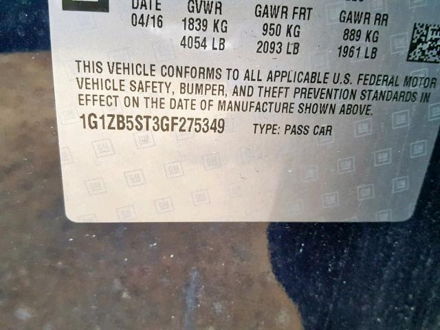 1G1ZB5ST3GF275349 - 2016 CHEVROLET MALIBU LS BLUE photo 10