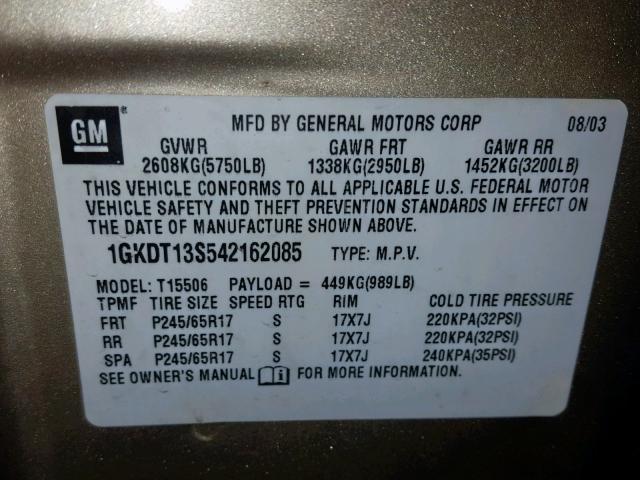 1GKDT13S542162085 - 2004 GMC ENVOY TAN photo 10