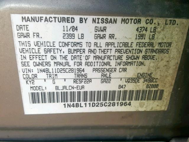 1N4BL11D25C281964 - 2005 NISSAN ALTIMA SE GRAY photo 10