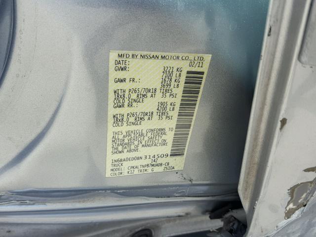 1N6BA0ED0BN314509 - 2011 NISSAN TITAN S GRAY photo 10