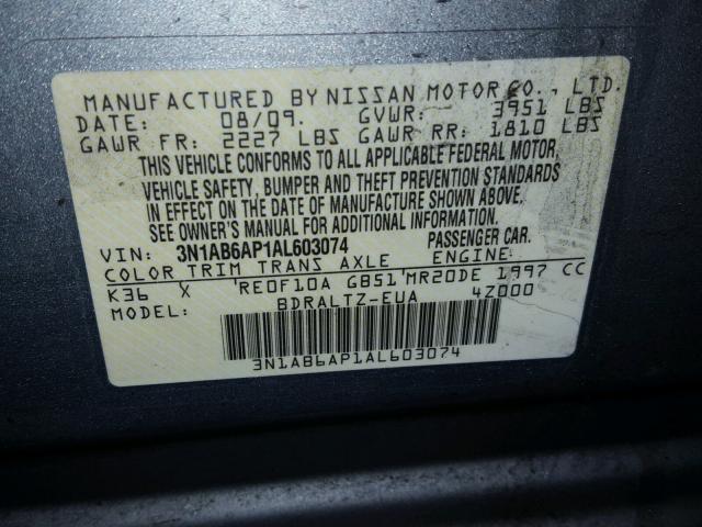 3N1AB6AP1AL603074 - 2010 NISSAN SENTRA 2.0 GRAY photo 10