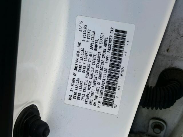 1HGCR2F80FA111535 - 2015 HONDA ACCORD EXL WHITE photo 10