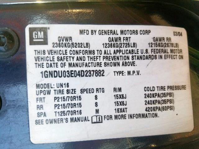 1GNDU03E04D237882 - 2004 CHEVROLET VENTURE BLUE photo 10