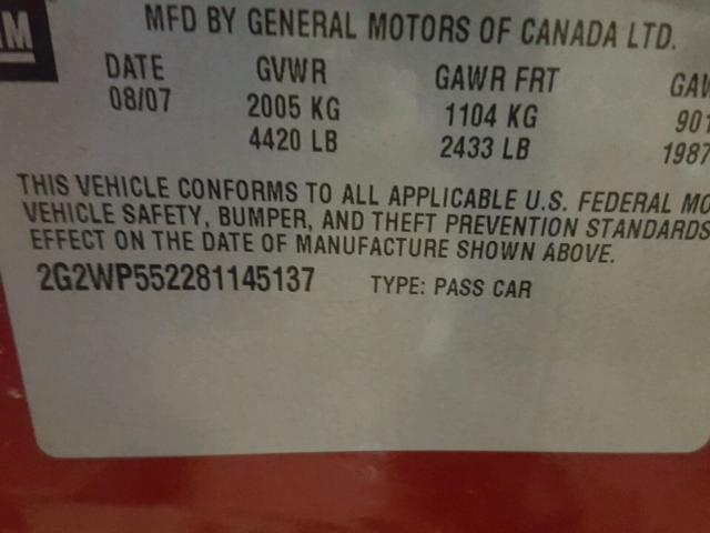 2G2WP552281145137 - 2008 PONTIAC GRAND PRIX წითელი ფოტო 10