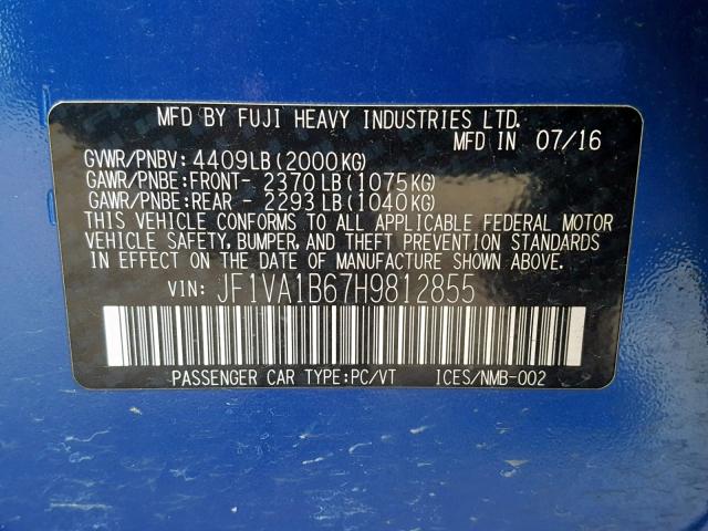 JF1VA1B67H9812855 - 2017 SUBARU WRX BLUE photo 10