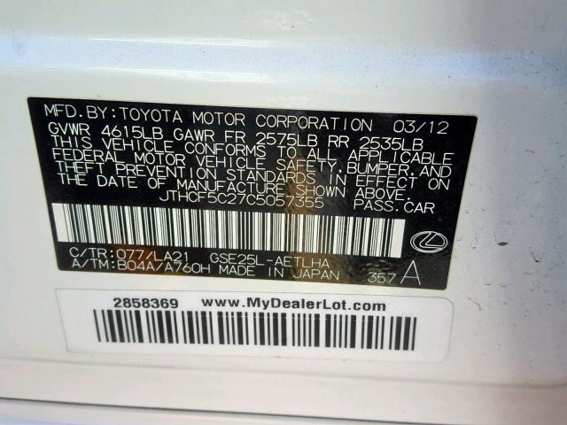 JTHCF5C27C5057355 - 2012 LEXUS IS 250 WHITE photo 10