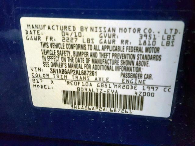 3N1AB6AP2AL687261 - 2010 NISSAN SENTRA 2.0 BLUE photo 10