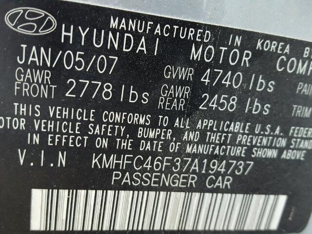 KMHFC46F37A194737 - 2007 HYUNDAI AZERA SE SILVER photo 10