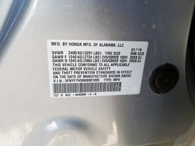 5FNYF7H59KB001095 - 2019 HONDA PASSPORT E 银色 照片 10