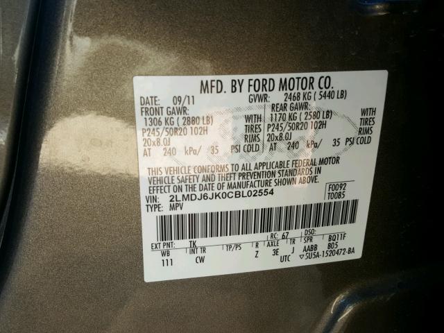 2LMDJ6JK0CBL02554 - 2012 LINCOLN MKX GOLD photo 10