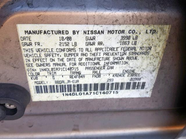 1N4DL01A71C140715 - 2001 NISSAN ALTIMA GXE SILVER photo 10