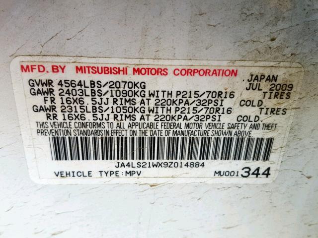 JA4LS21WX9Z014884 - 2009 MITSUBISHI OUTLANDER WHITE photo 10