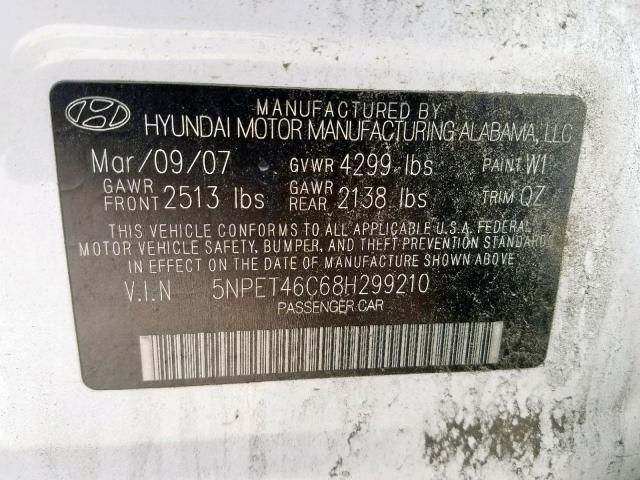 5NPET46C68H299210 - 2008 HYUNDAI SONATA GLS WHITE photo 10