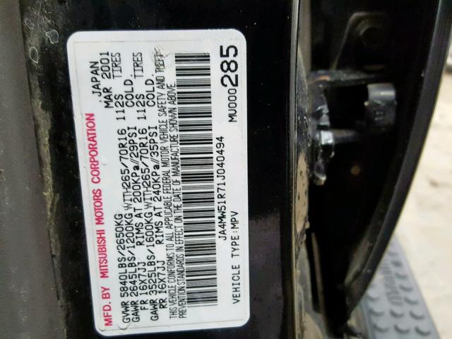 JA4MW51R71J040494 - 2001 MITSUBISHI MONTERO LI BLACK photo 10