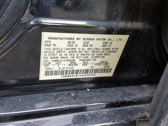 1N4BA41E14C846400 - 2004 NISSAN MAXIMA SE BLACK photo 10