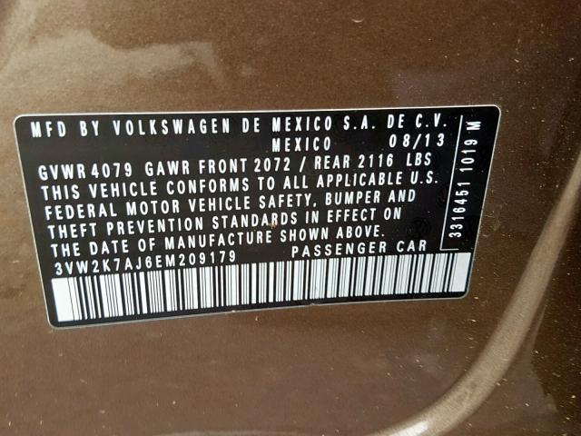 3VW2K7AJ6EM209179 - 2014 VOLKSWAGEN JETTA BASE BROWN photo 10