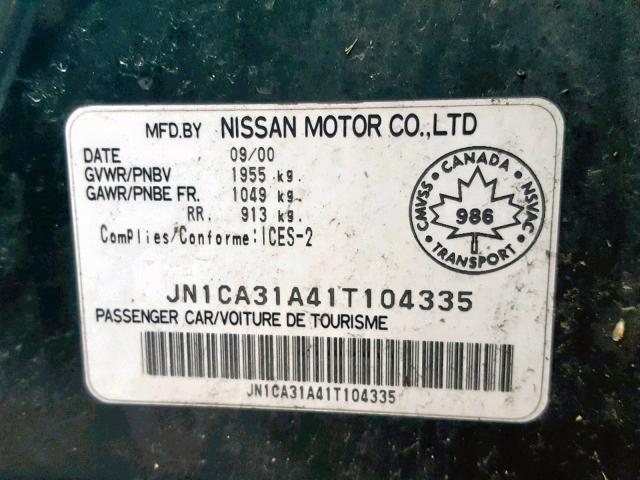 JN1CA31A41T104335 - 2001 NISSAN MAXIMA GXE GREEN photo 10