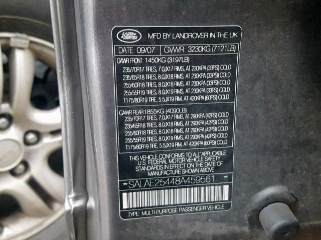 SALAE25448A459561 - 2008 LAND ROVER LR3 SE GRAY photo 10