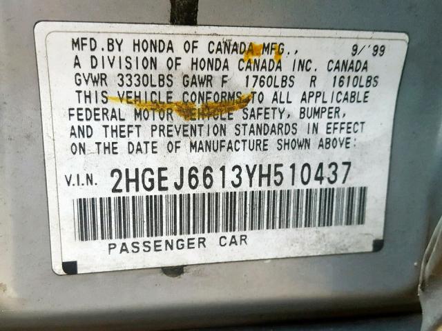 2HGEJ6613YH510437 - 2000 HONDA CIVIC BASE Gümüş foto 10