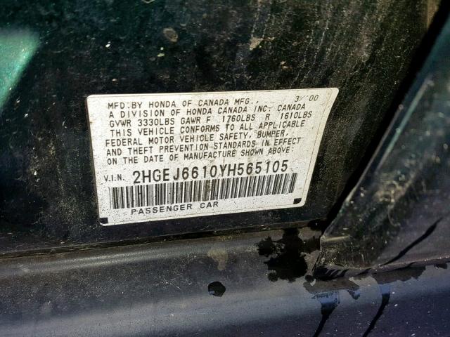 2HGEJ6610YH565105 - 2000 HONDA CIVIC BASE GREEN photo 10