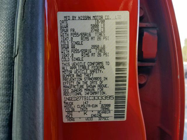 1N6ED27T91C333395 - 2001 NISSAN FRONTIER C RED photo 10