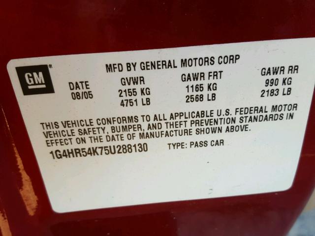 1G4HR54K75U288130 - 2005 BUICK LESABRE LI RED photo 10