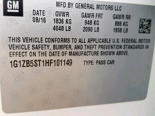 1G1ZB5ST1HF101149 - 2017 CHEVROLET MALIBU LS WHITE photo 10