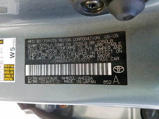 JTDKB20UX53107077 - 2005 TOYOTA PRIUS GRAY photo 10