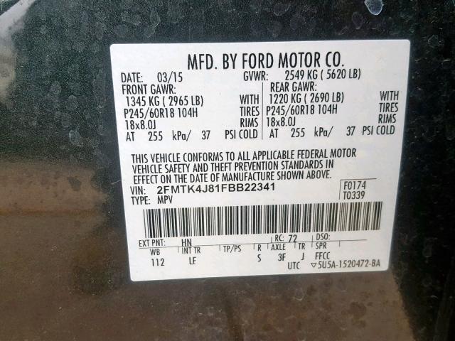 2FMTK4J81FBB22341 - 2015 FORD EDGE SEL GREEN photo 10